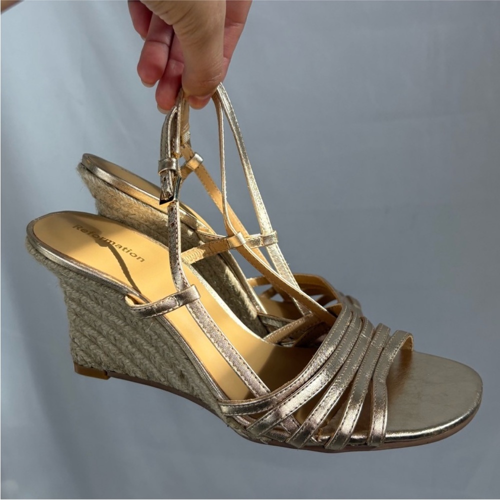 Reformation Gold Strappy Ava Wedge Sandals